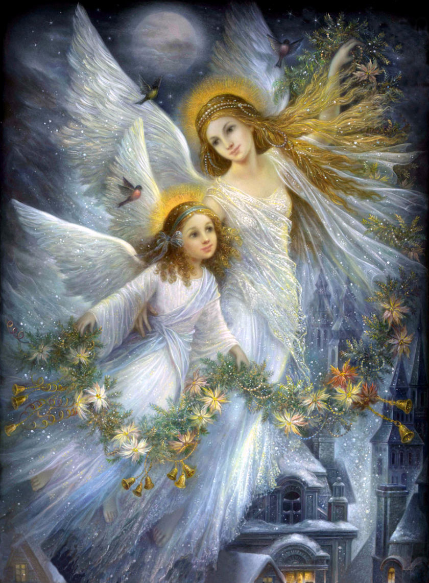 Фото Два рождественских ангела, девушка и девочка с лентами из цветов, на которой висят колокольчики летят над домами под падающим снегом