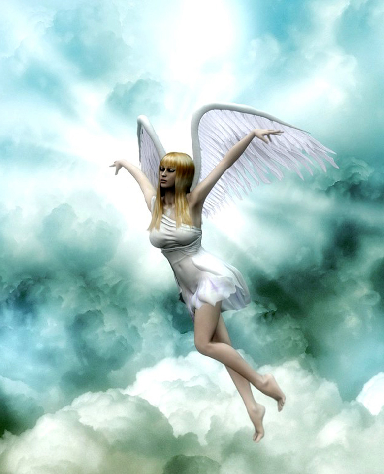Фото Девушка - ангел в белом платье летит в небе