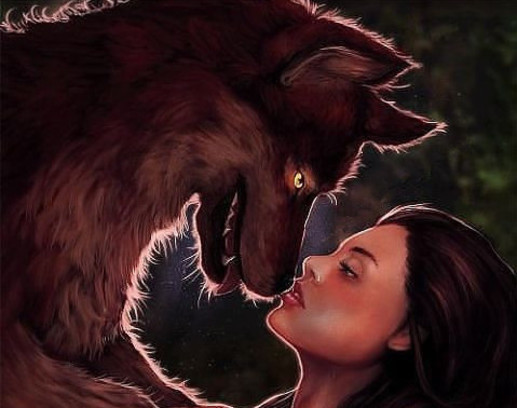 Фото Волк оборотень с девушкой, с любовью смотрят друг другу в глаза