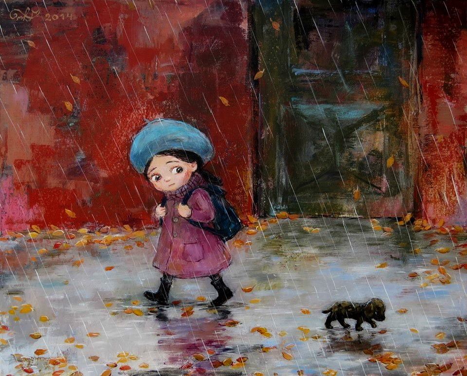 Фото Девочка и щенок идут по улице под дождем, рисунок художницы Нино Чакветадзе