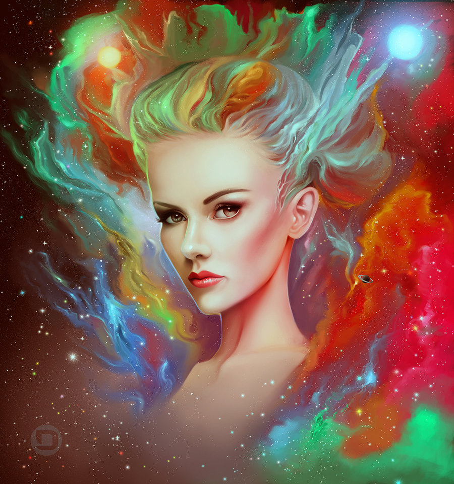 Фото Девушка с разноцветными волосами на фоне космоса, by Dannykojima