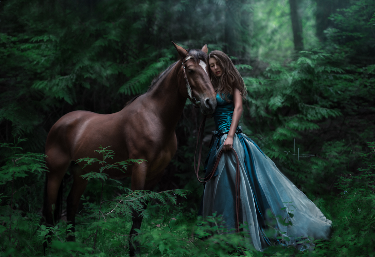 Фото Девушка в длинном голубом платье стоит рядом с лошадью, фотограф Nikki Harrison