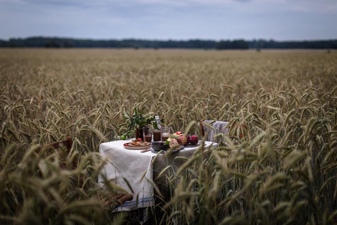 Фото Стол, покрытый белой скатертью и едой на ней, стоит в пшеничном поле