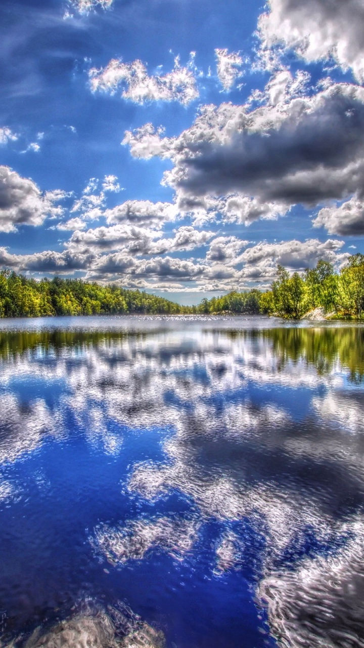 Фото Отражающие в речке облака на фоне леса
