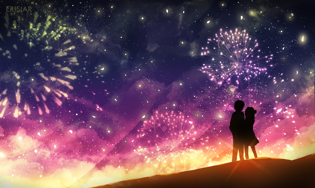 Фото Силуэты парня и девушки, смотрящих на фейерверки в ночном небе, by Erisiar