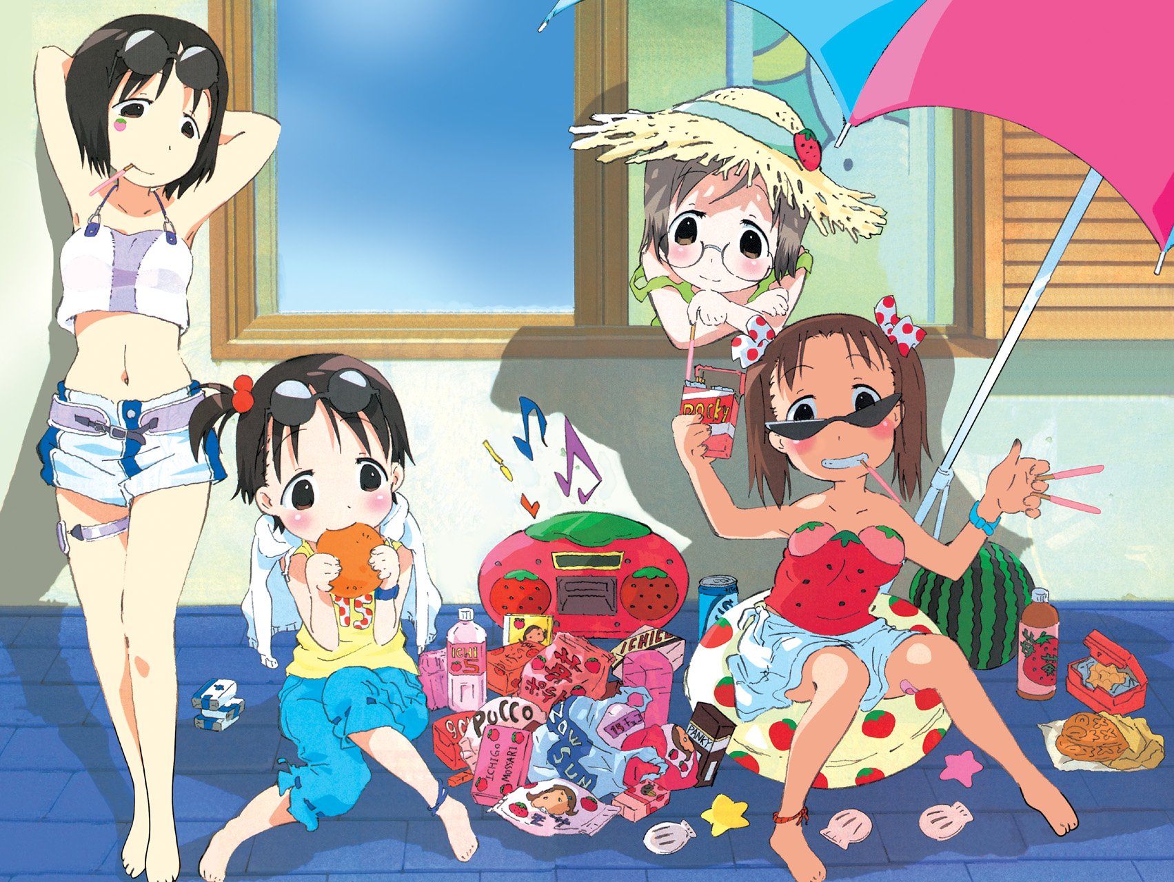 Фото Miu Matsuoka, Chika Itoh, Matsuri Sakuragi и Nobue Itoh на летнемотдыхе из аниме Клубничный зефир / Ichigo Mashimaro, art by Barasui