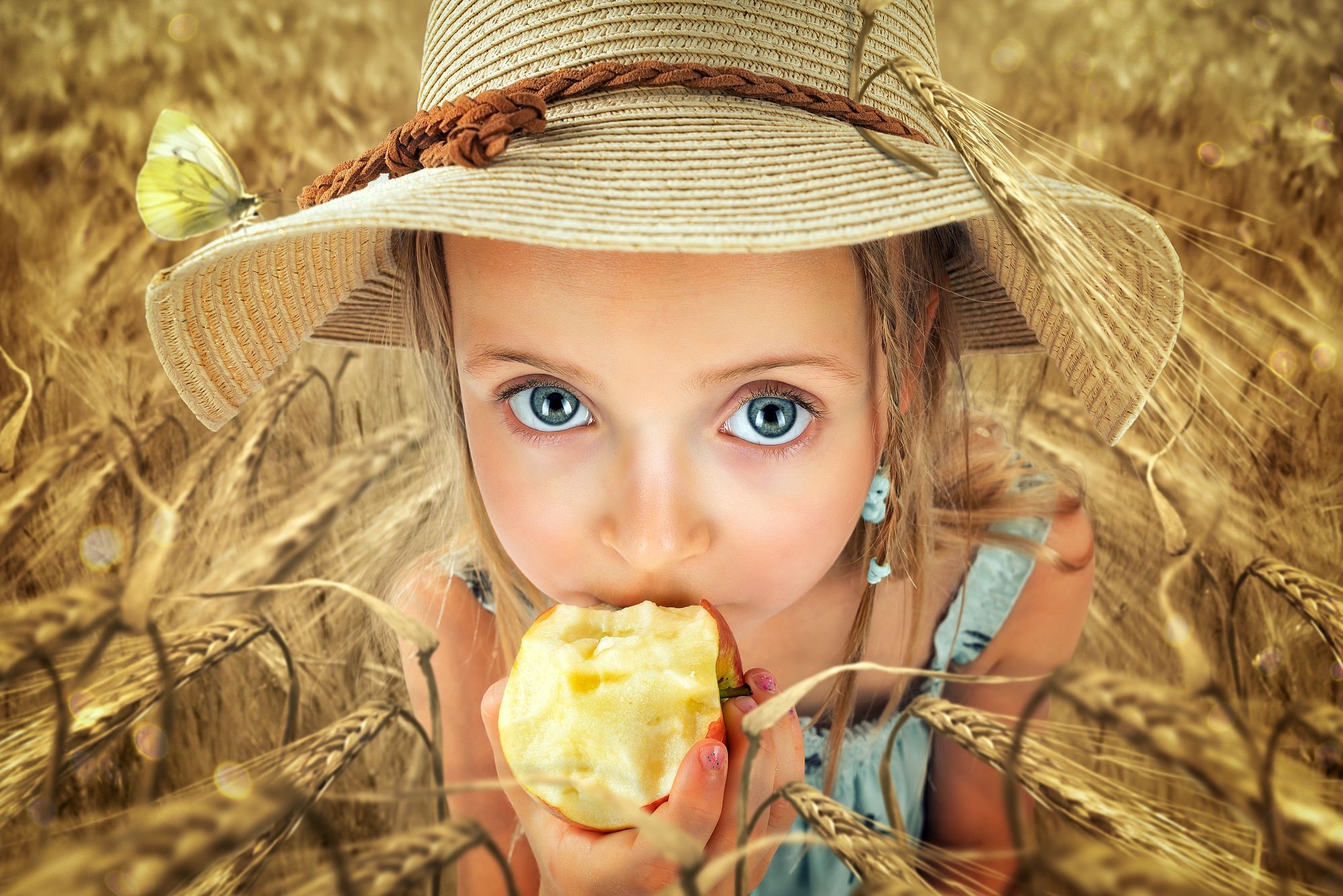 Фото Девочка в соломенной шляпке, стоя среди колосьев пшеницы, смотрит на нас большими глазами и ест яблоко, фотограф John Wilhelm