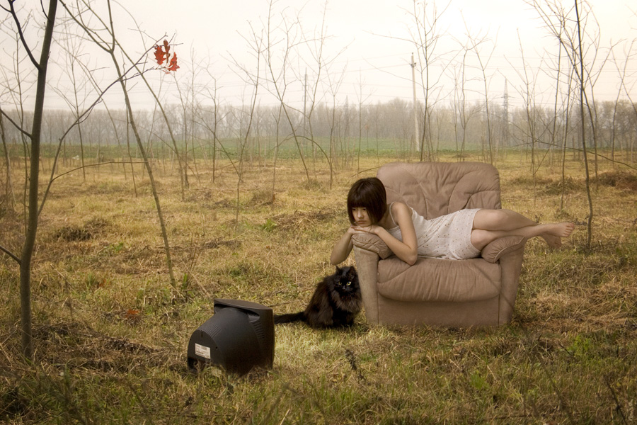 Фото Девушка, сидящая в кресле, и кошка смотрят телевизор в осеннем саду, автор Nina Piatrouskaya / Нина Петровская