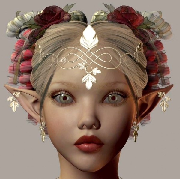 Фото Светловолосая эльфийка с цветами в волосах с серьгами в ушах