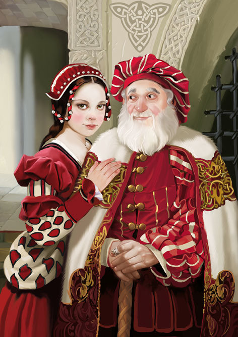 Фото Девушка с темными волосами в красной одежде, положтла руку на плечо старику с седой бородой в красном берете на голове с посохом в рукахСказка о неблагодарном сыне, художник Татьяна Доронина