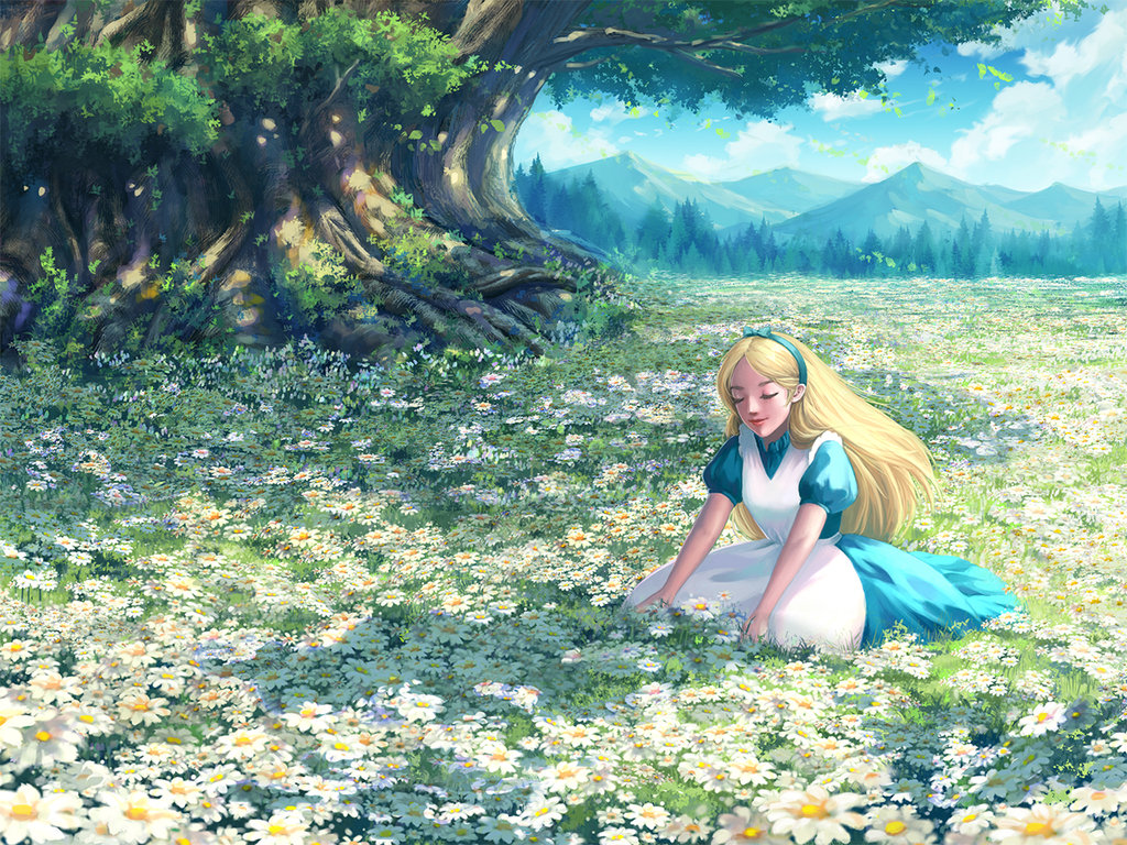 Фото Alice / Алиса из сказки Алиса в Стране Чудес / Alice in Wonderland, сидит на ромашковой поляне, by Zhowee14