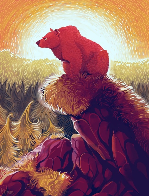 Фото Красный медведь с горы, пристально вглядывается в растущий внизу лес, by Rokoroko