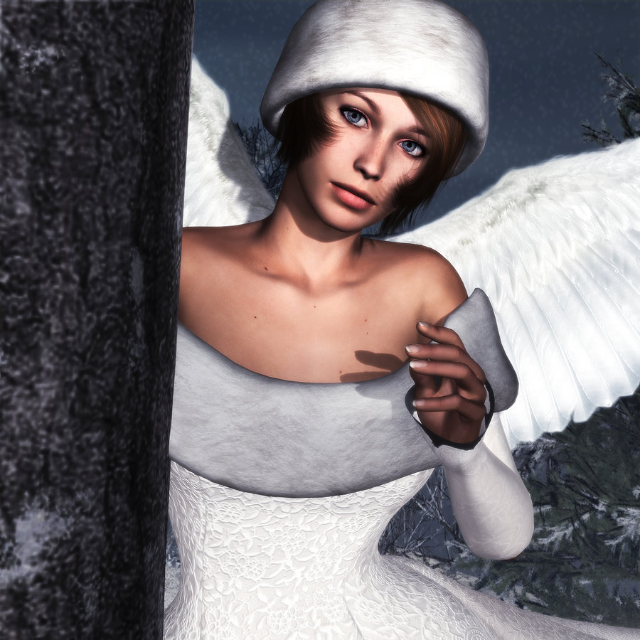 Фото Девушка-ангел в белой шапке в белом платье стоит у ствола дерева