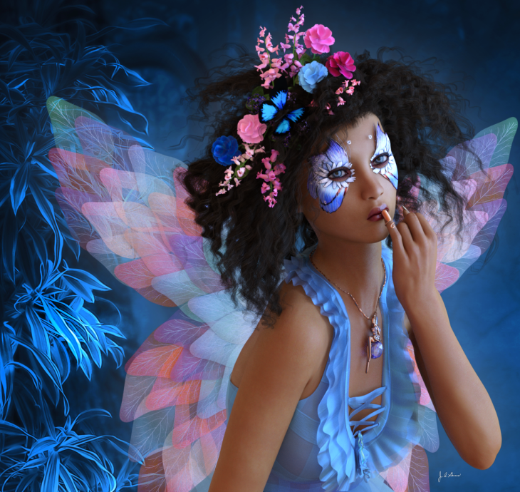 Фото Девушка-эльф с цветами в черных волосах с раскраской у глаз в голубой одежде, by Shaylea