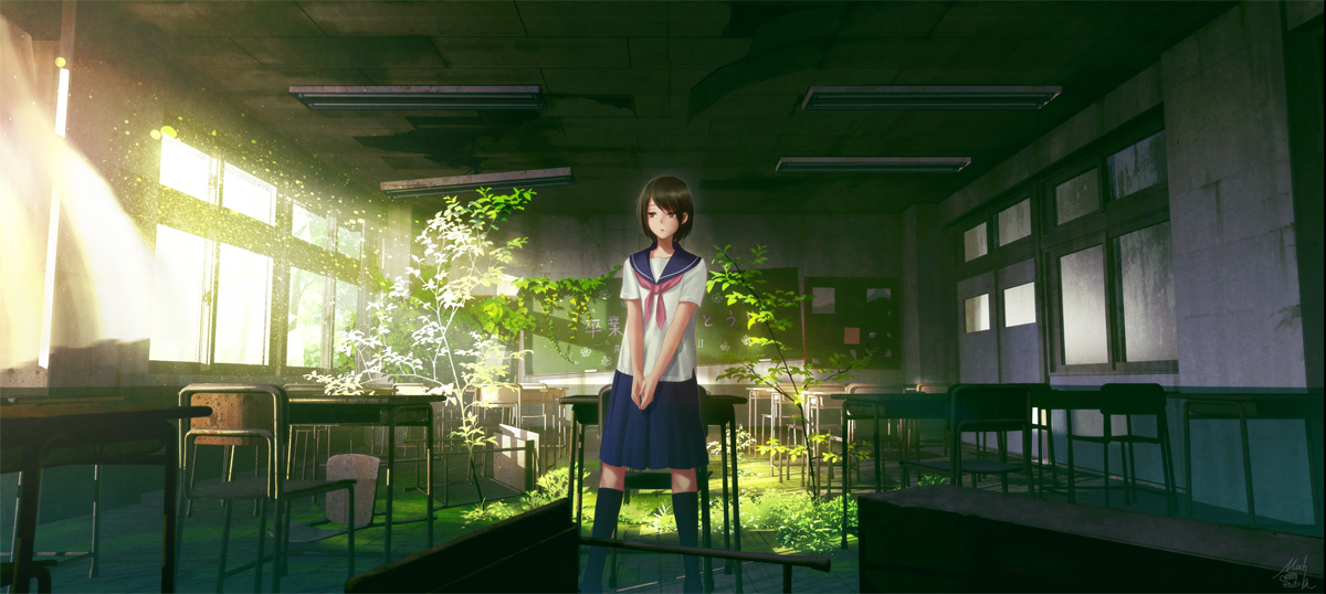 Фото Девушка стоит в заброшенном школьном кабинете, поросшим травой, art by Technoheart