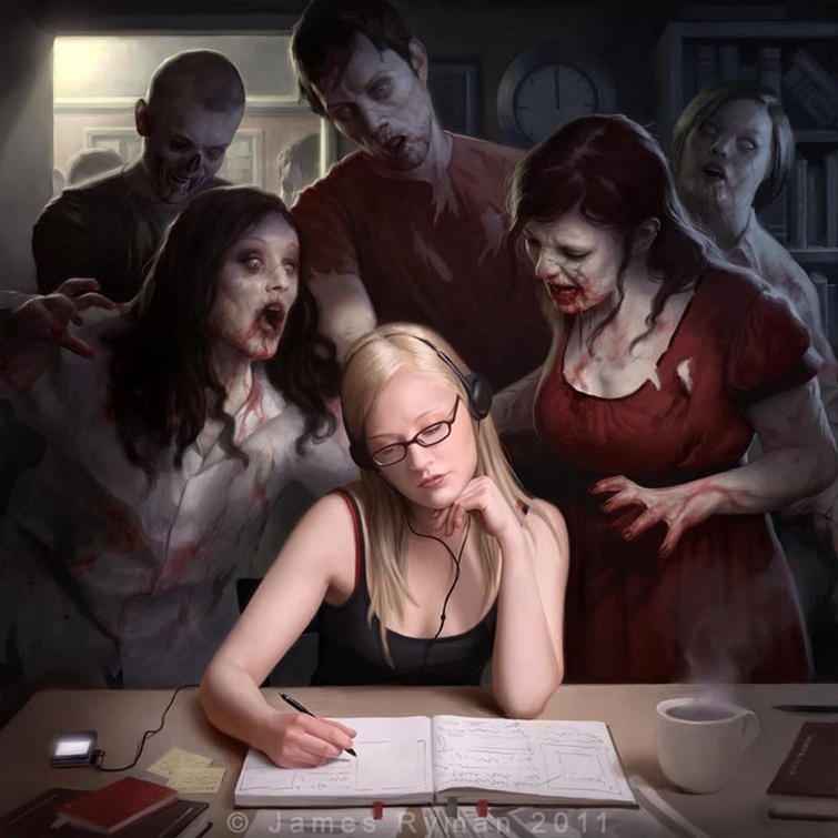 Фото Девушка в наушниках сидит и пишет за столом, вокруг нее стоят зомби, мужчины и женщины, by James Ryman