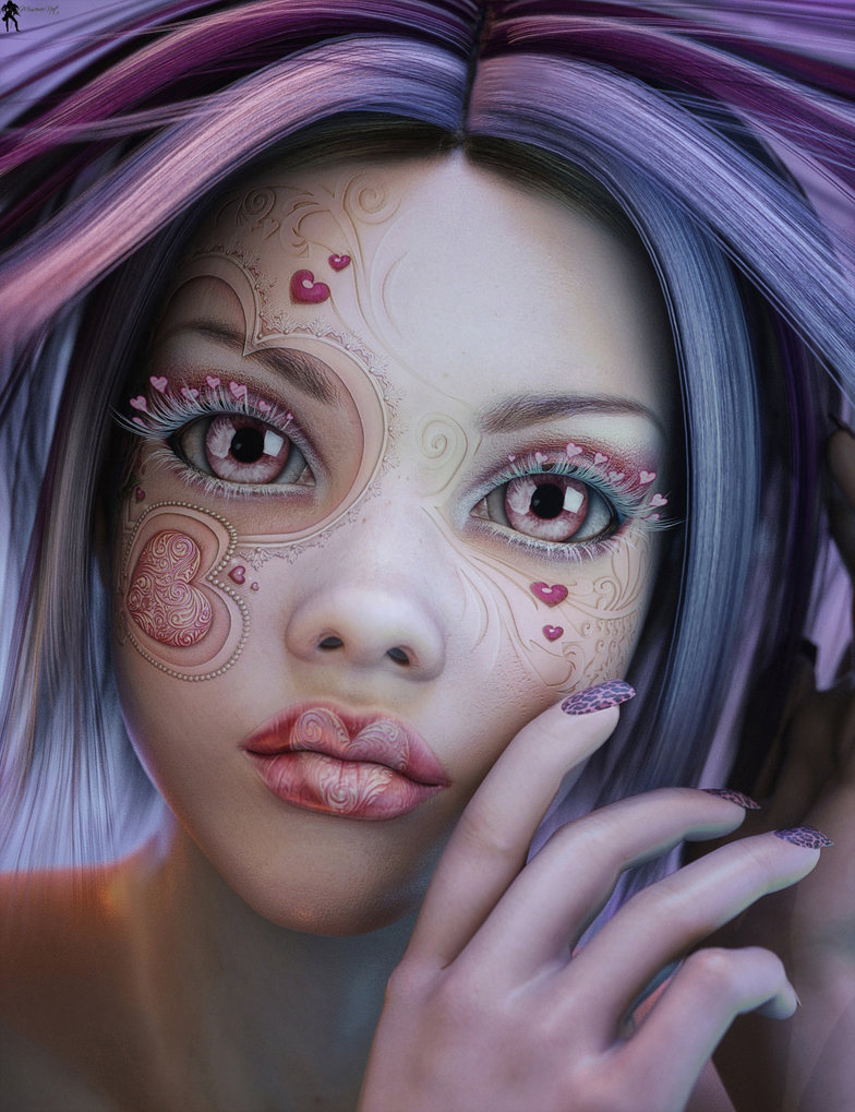 Фото Гламурная девушка с фиолетовыми волосами с сердечками на лице