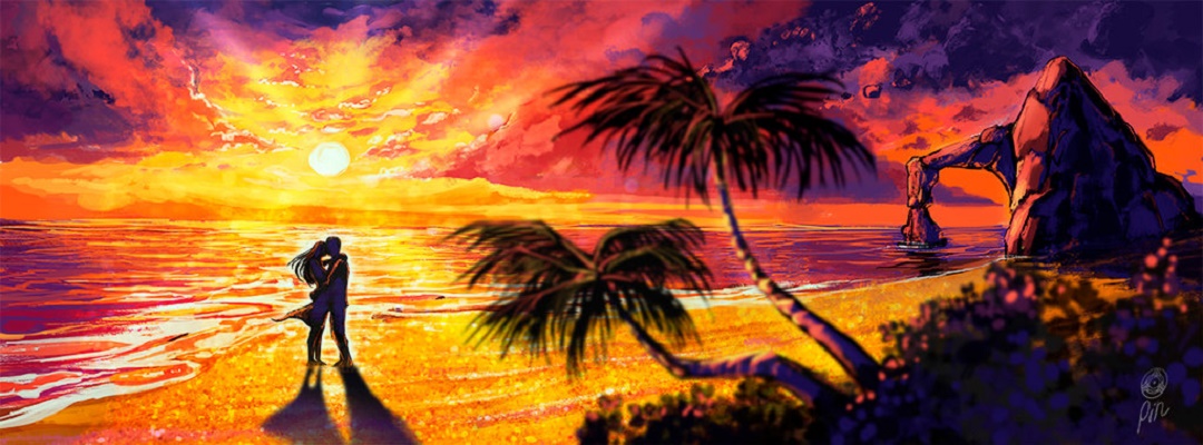 Фото Влюбленные стоят на побережье на фоне заката, by pin100