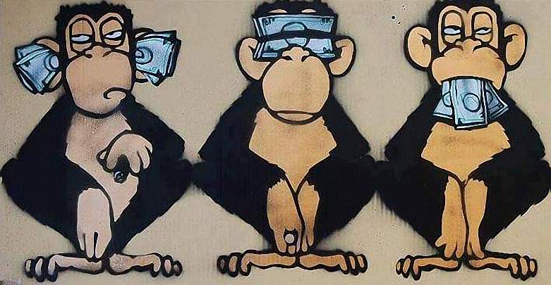 Фото Три обезьяны, с денежными купюрами в ушах, на глазах, во рту (Ничего не слышу, ничего не вижу, ничего никому не скажу)