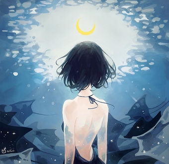 Фото Девушка стоит под водой среди скатов и смотрит на луну, art by tofuvi