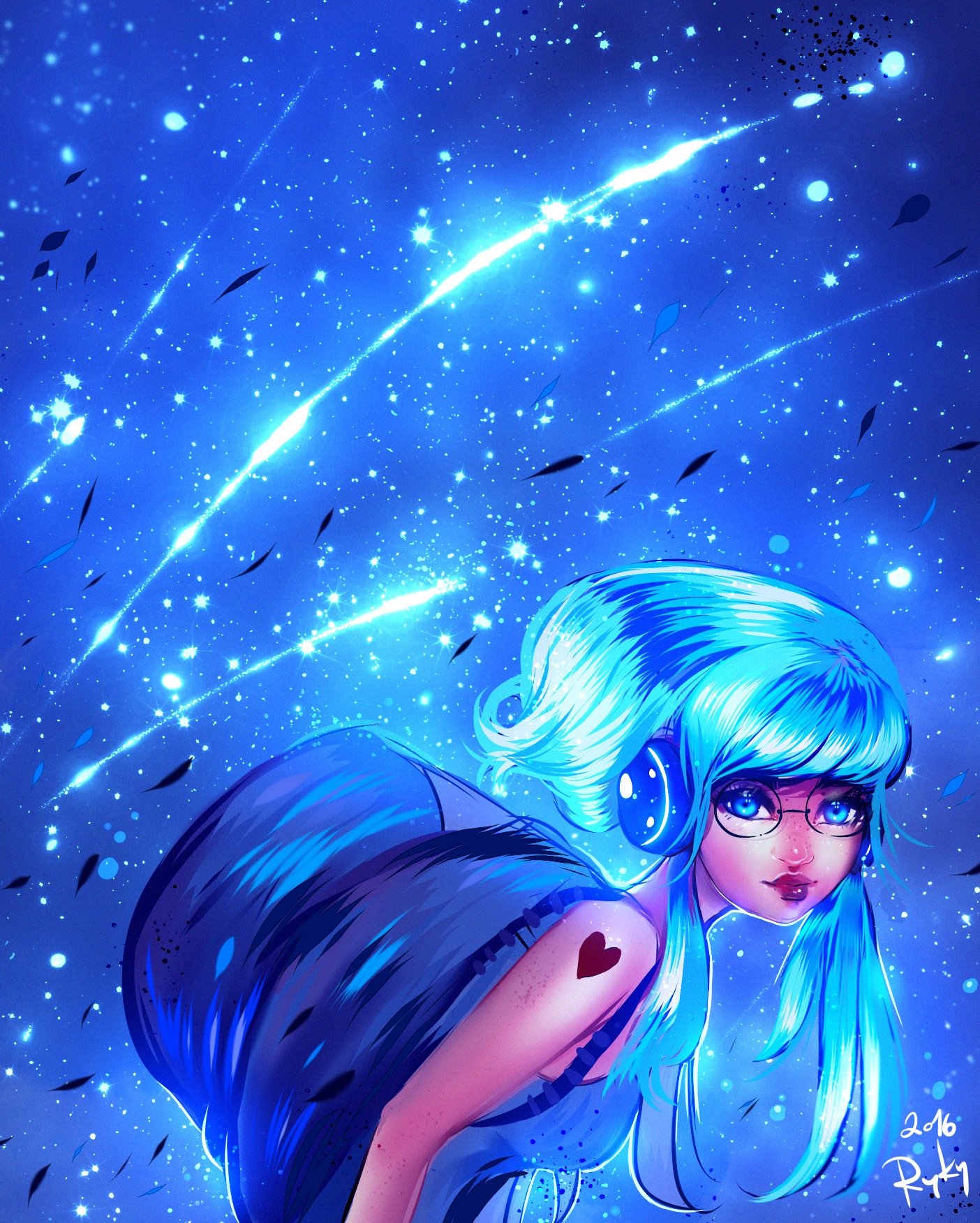 Фото Девушка с голубыми волосами и глазами, в очках и светящихся наушниках, с рюкзаком за спиной и тату-сердечком на плече, на фоне звездопада, by ryky