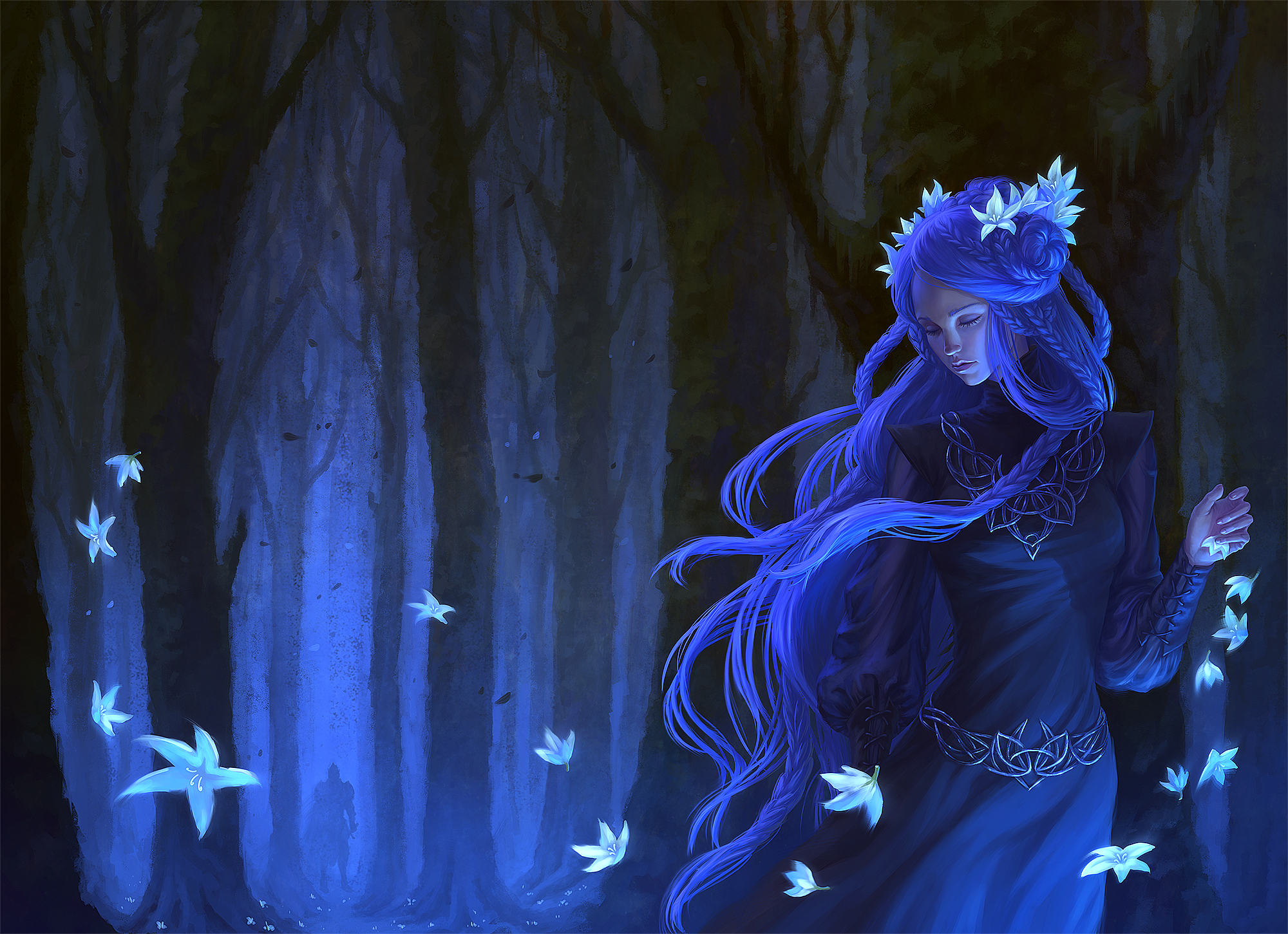 Фото Девушка с цветами в волосах в лесу, в глубине леса стоит парень, by AnekaShu