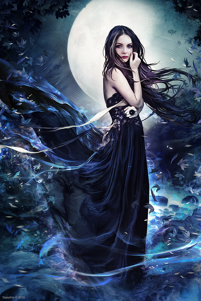 Фото Девушка стоит на фоне полной луны, by Yayashin