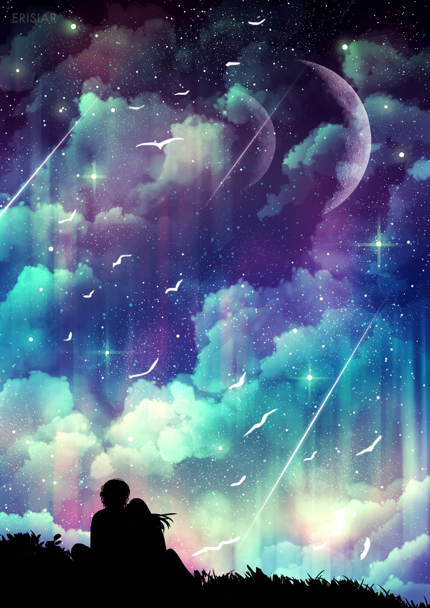 Фото Парень и девушка сидят обнявшись в траве и смотрят на падающие звезды и чаек в ночном небе, by Erisiar