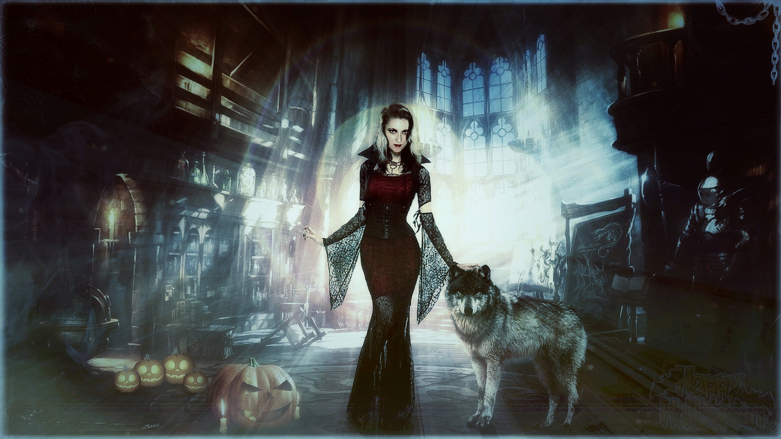 Фото Ведьма с волком в замке на хэллоуин