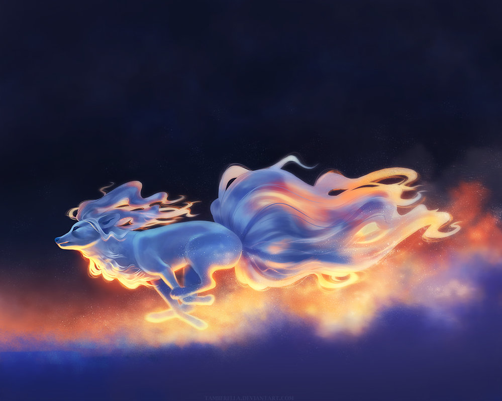 Фото Летящая по небу огненная фантастическая лиса, by TamberElla