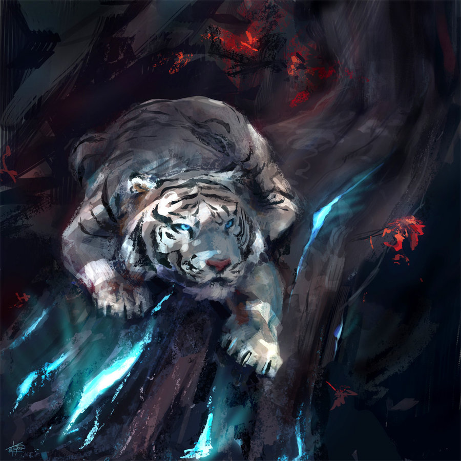 Фото Белый тигр лежит на ветке дерева, by NThartyFievi