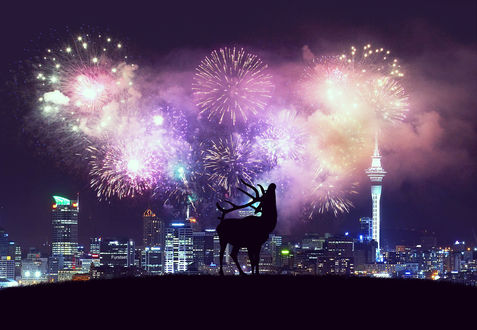 Фото Олень стоит на фоне города с праздничным салютом, фотограф Furstset