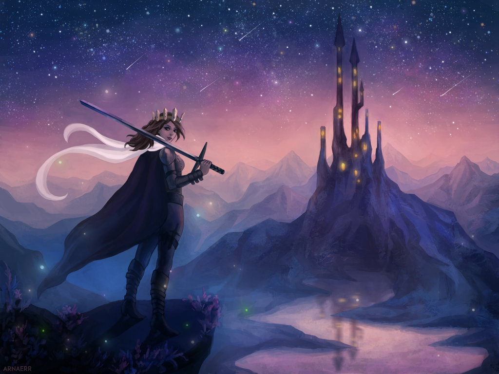 Фото Девушка с мечом стоит на обрыве перед волшебным замком, by arnaerr