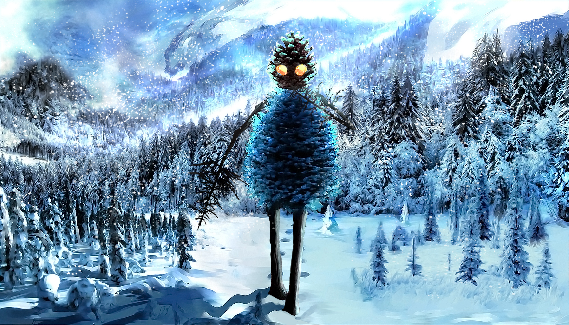 Фото Фантастическое существо с руками и ногами из деревьев, туловищем и головой из шишек, идет по глубокому снегу по лесу, by SaxonSurokov