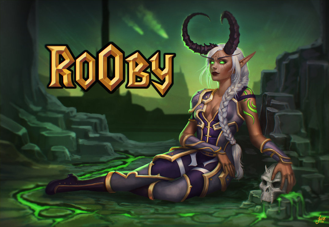 Фото Охотница на демонов сидит, положив руку на череп (Rooby) / арт на игру World of Warcraft, by JuneJenssen