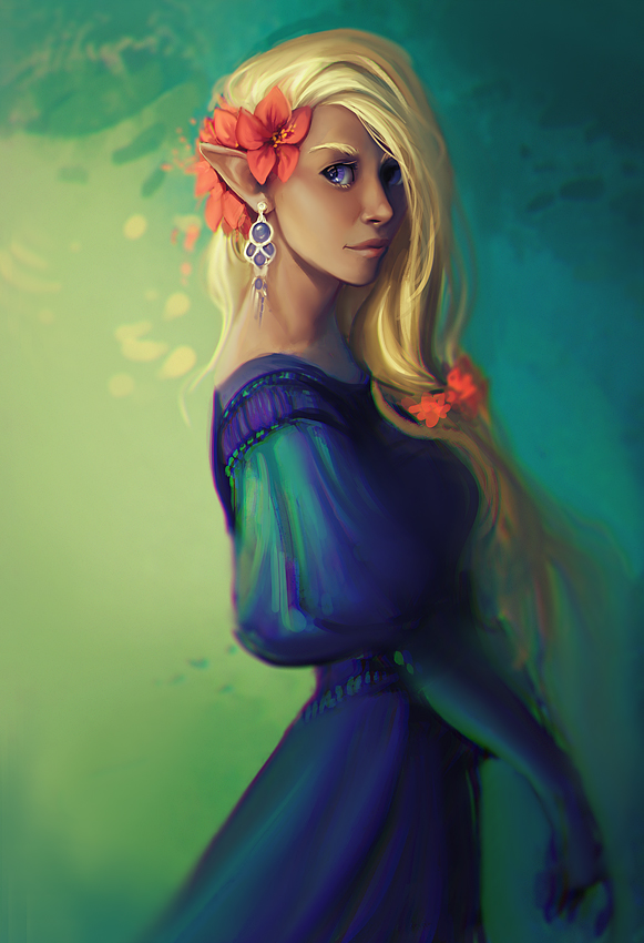 Фото Светловолосая эльфийка в синем платье с розовыми цветами в волосах, by exellero