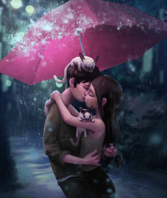 Фото Парень и девушка на которых сидят покемоны, целуются спрятавшись от дождя под раскрытым зонтиком, художник Зак Ретц / Zac Retz