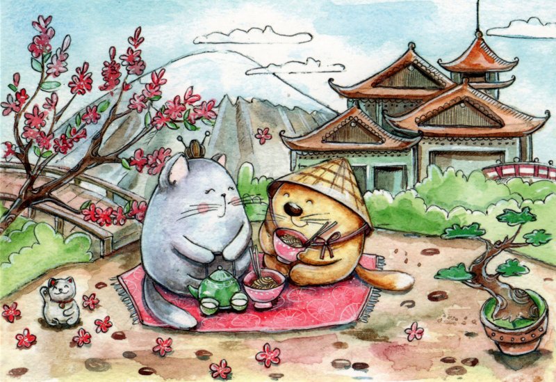 Фото Котик и кошечка среди реалий и достопримечательностей Японии, иллюстратор Кристина Крокус