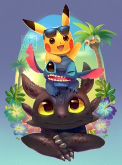 Фото Ночная Фурия (Беззубик) / Night Fury (Toothless), Стич / Stich и Пикачу / Pikachu, by RoyalNoir