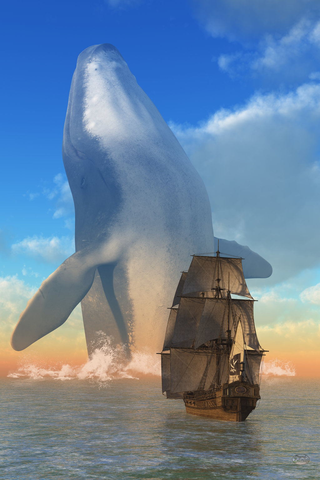 Фото Корабль в море, из глубин которого выныривает огромный кит, by deskridge