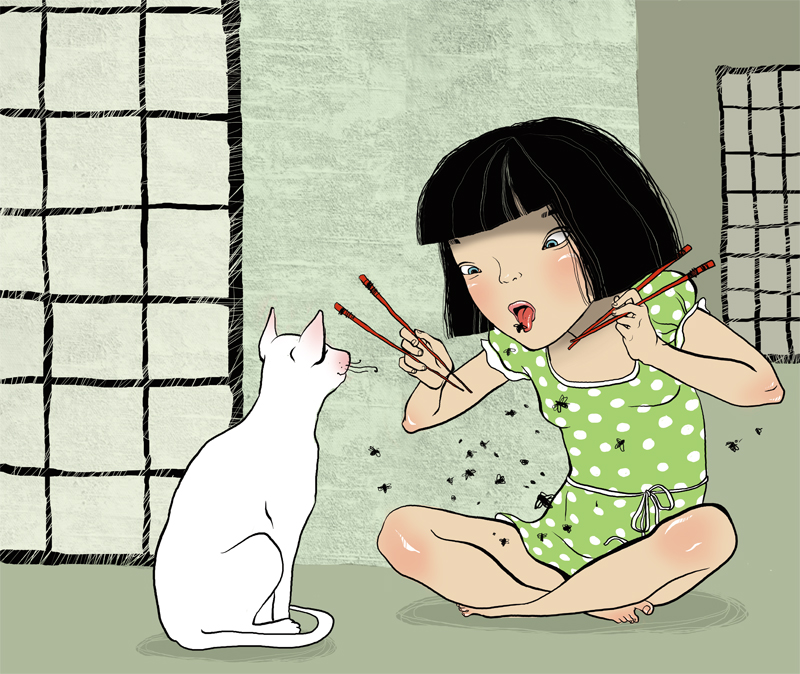Фото Девочка учит кошку, как правильно пользоваться палочками, рисунок Ярославы Крутаковой