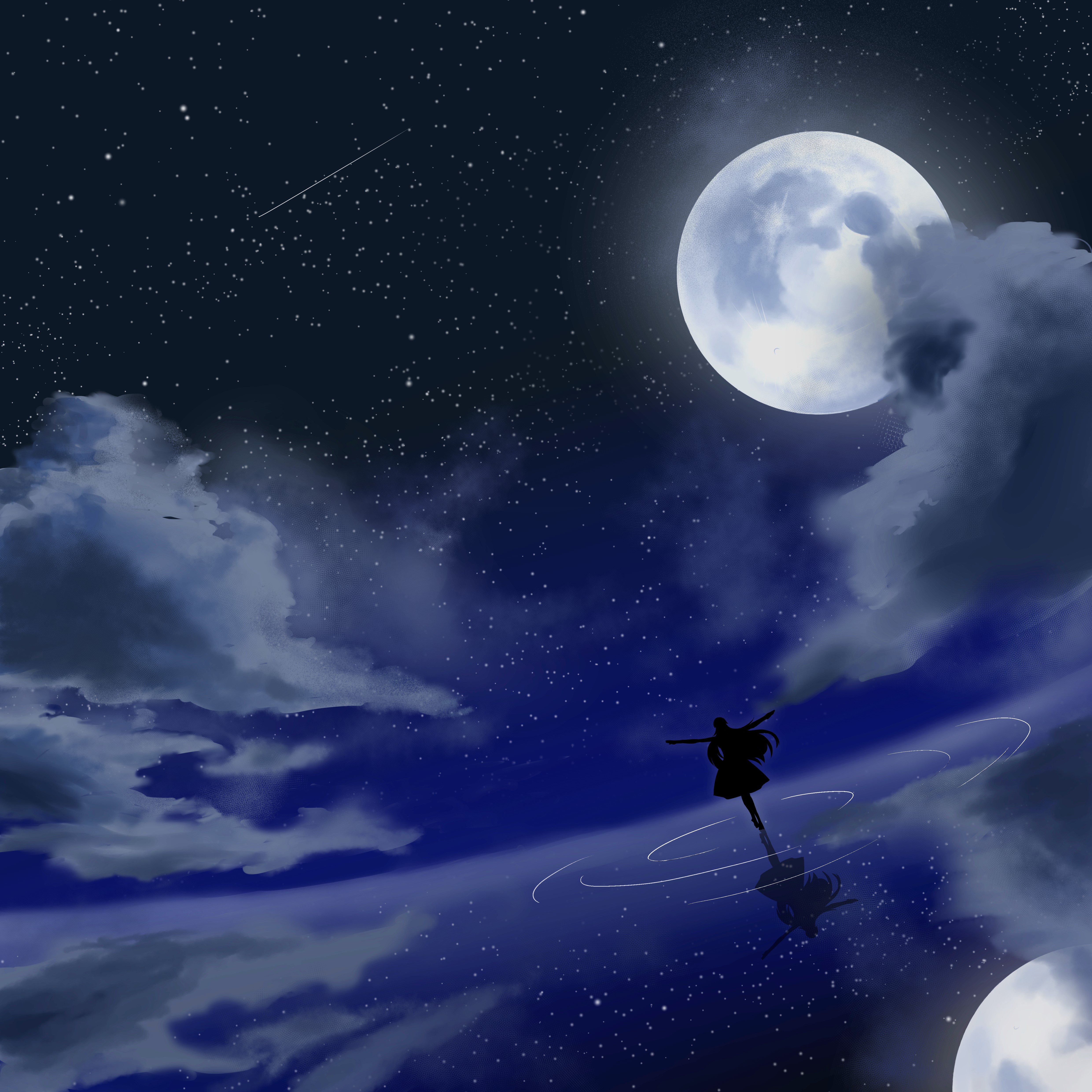 Фото Силуэт девушки, танцующей на поверхности воды, на фоне ночного неба и полной луны, by &;&;&;
