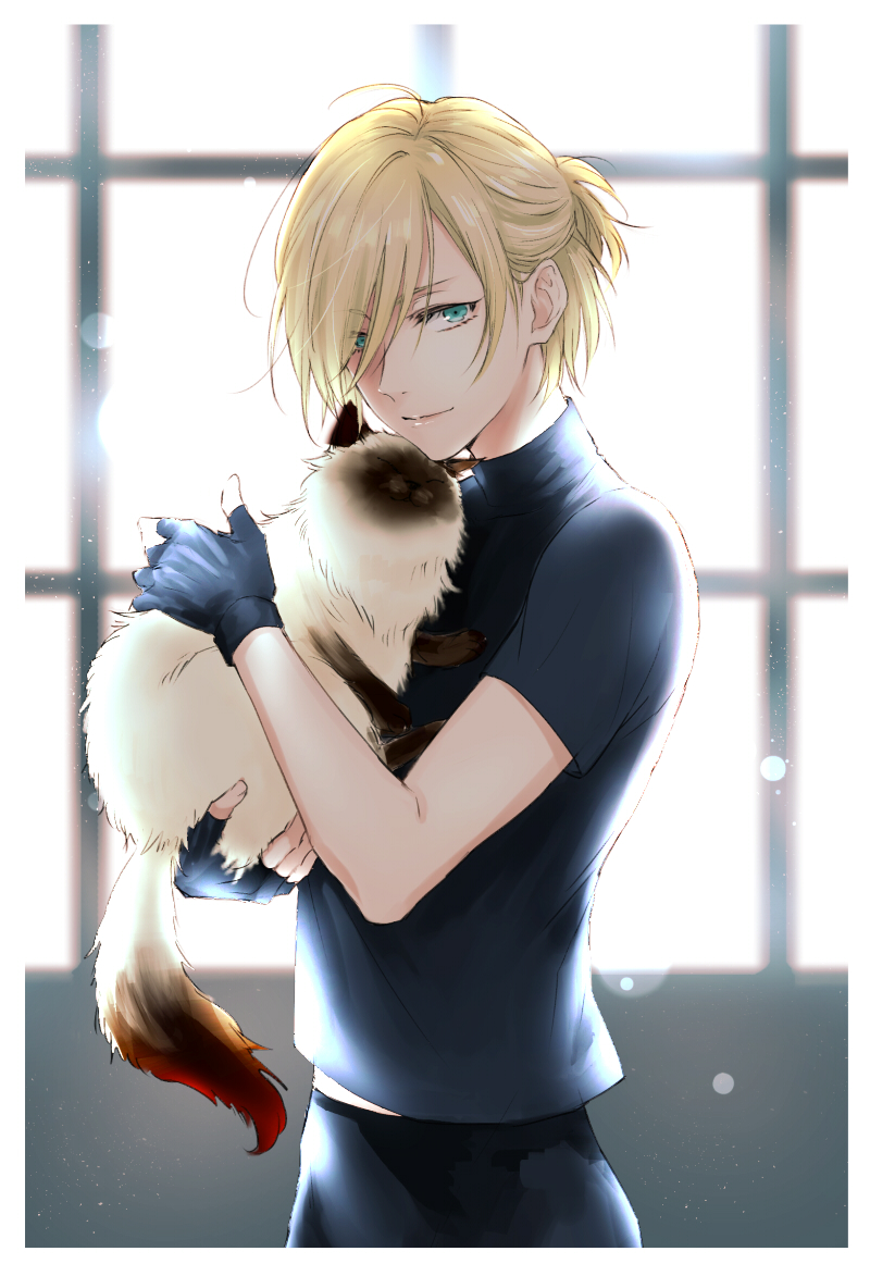 Фото Yuri Plisetsky / Юрий Плисецкий с кошкой на руках из аниме Yuri! On  Ice / Юрий на льду, by Orii (Pixiv1123766)