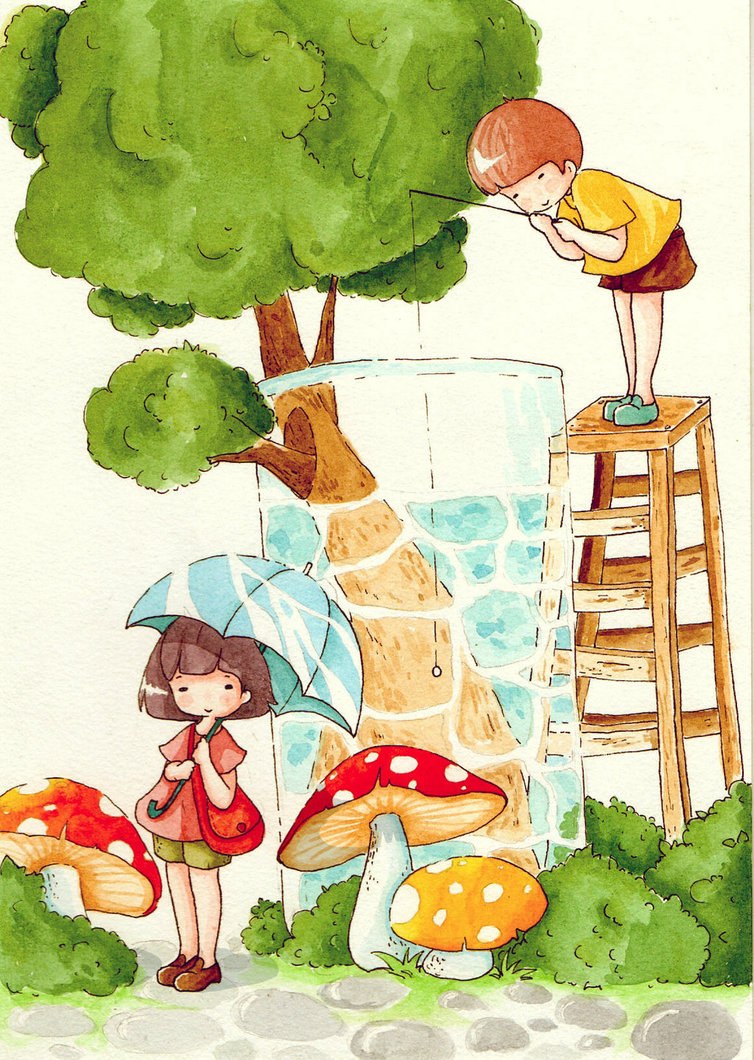 Фото Девочка с голубым зонтиком стоит на дорожке около грибов, мальчик на лестнице с удочкой ловит рыб в бассейне, в котором растет дерево, Art by daisuchan