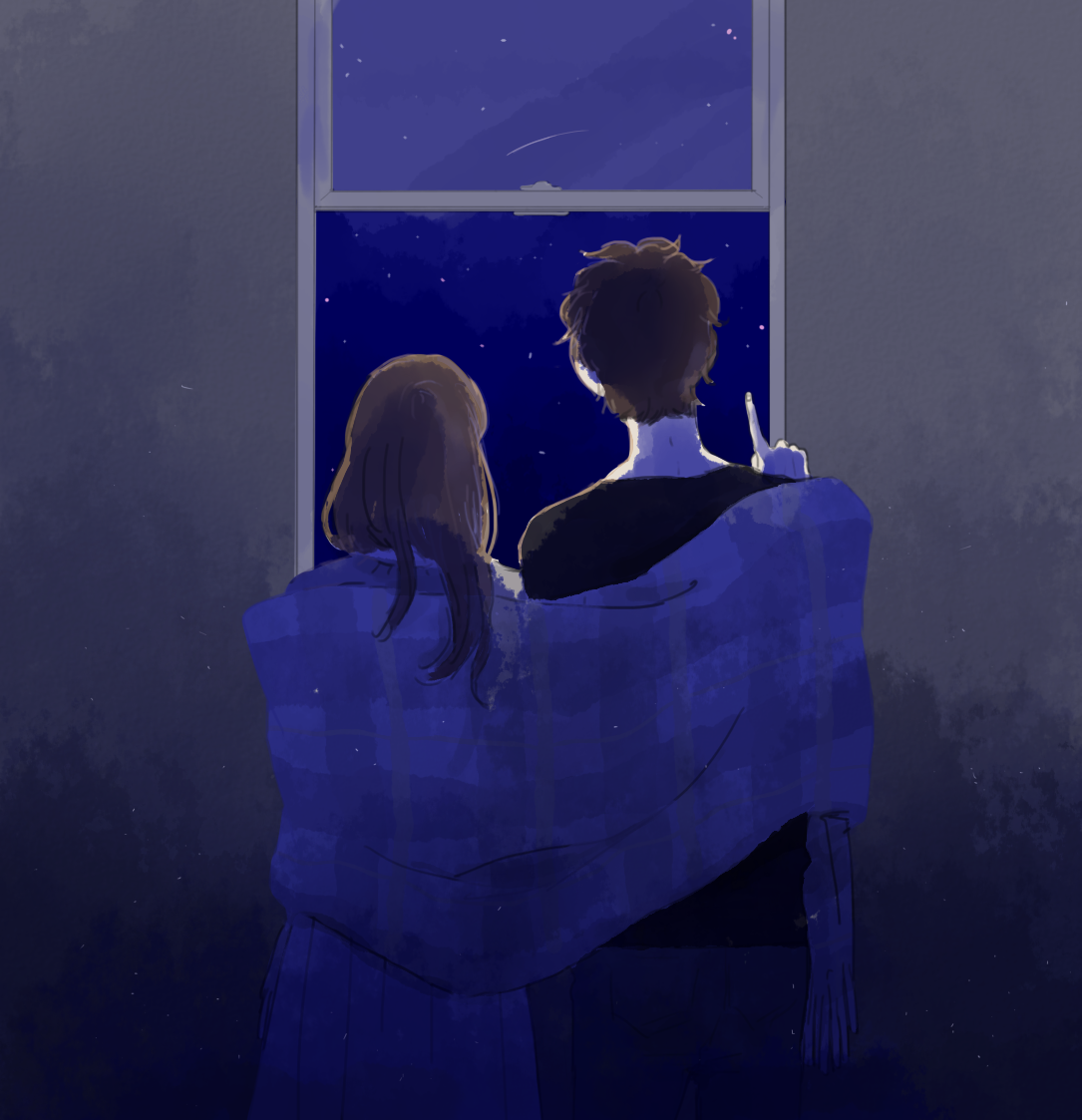 Фото Девушка и парень смотрят в окно на падающие звезды, by &;&;&;