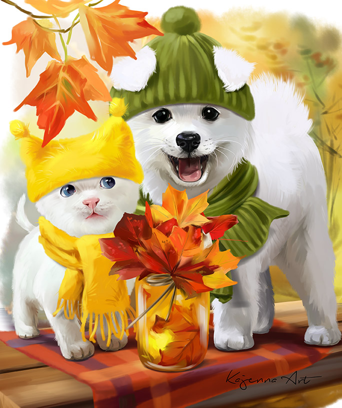 Фото Котенок и щенок в шапочках и шарфиках стоят возле баночки с осенними листьями, by Kajenna