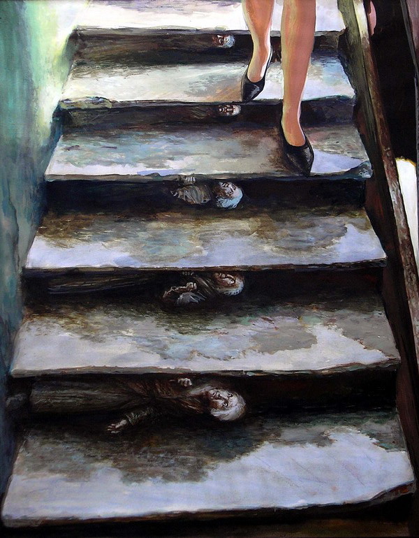 Фото Девушка спускается по лестнице, под каждой ступенькой которой лежит мужчина и наблюдает за девушкой снизу, by Виктор Бритвин