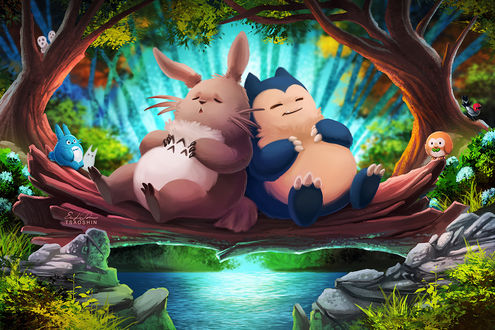 Фото Snorlax / Снорлакс и Rowlet / Роулет из аниме Покемон / Pokemon и Тоторо / Totoro из аниме My Neighbor Totoro / Tonari no Totoro / Мой сосед Тоторо, by TsaoShin