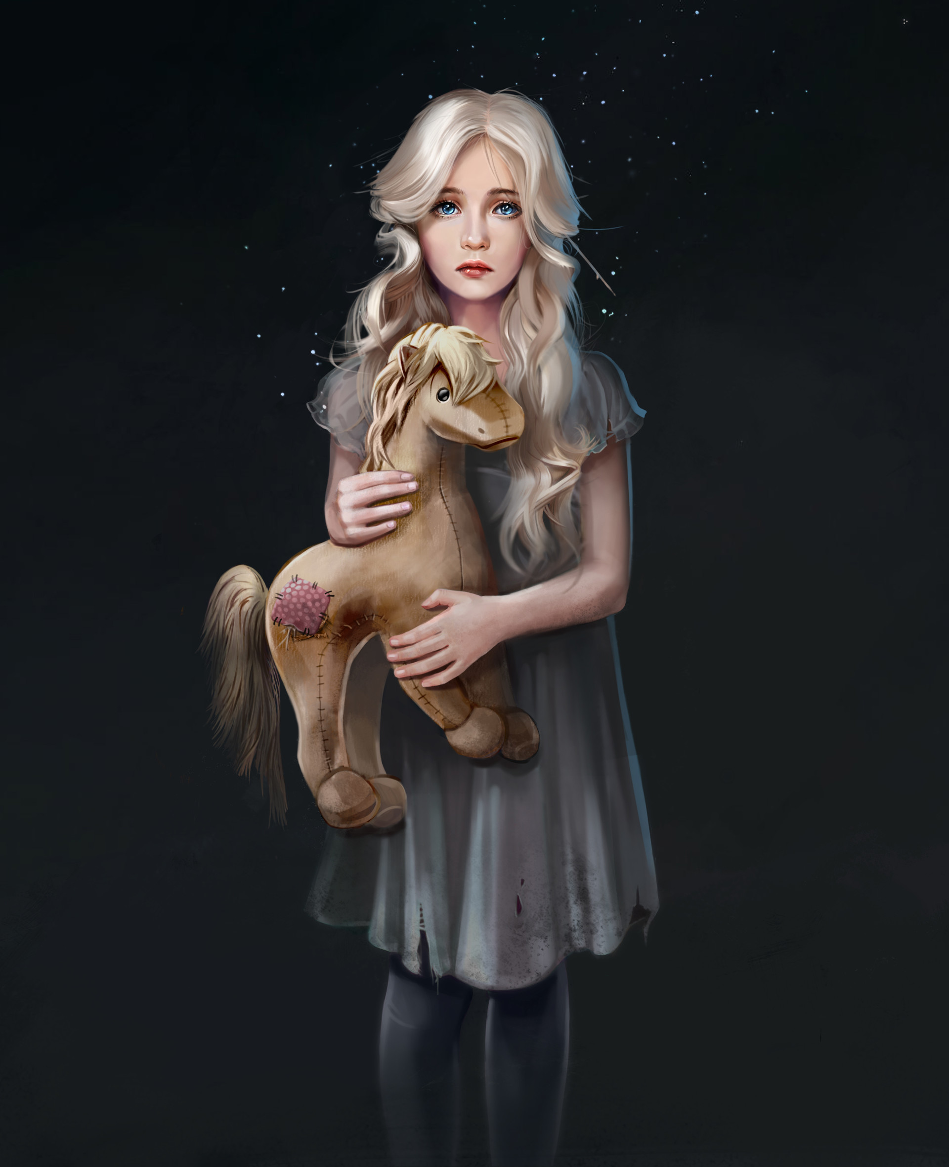 Фото Светловолосая голубоглазая девчушка в дырявом сером платьице, со штопаной игрушечной лошадкой в руках, стоит на сером фоне, by Julia Kovalyova