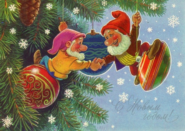 Красивая ретро-рождественская открытка с гномами | Премиум векторы